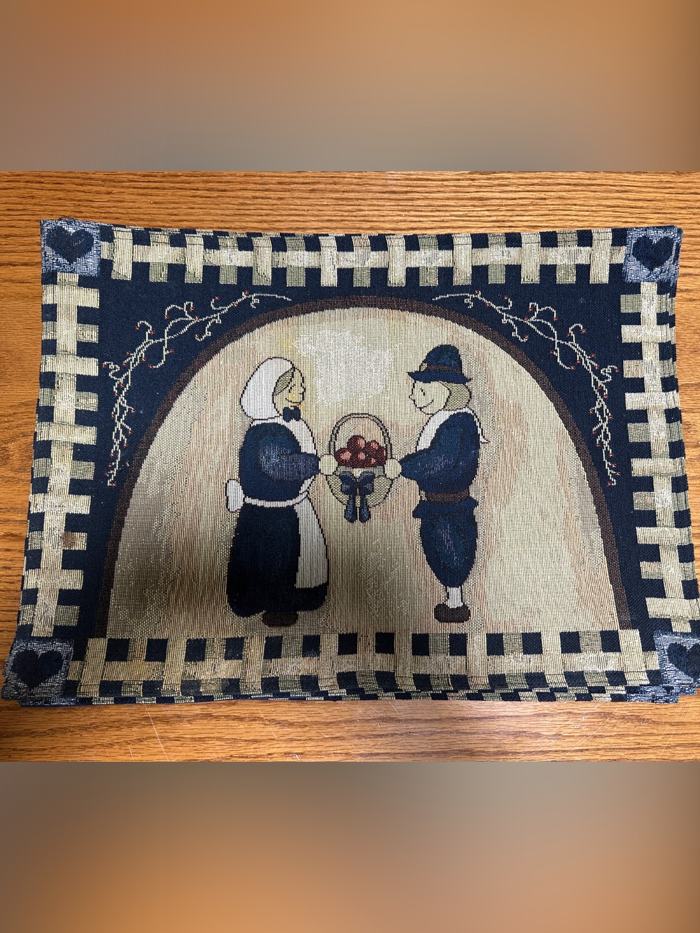 Set of 8 Folk Art Pilgrim Tapestry Placemats Cover - Navy & Beige w 2 Pot Holder